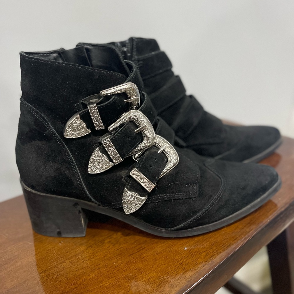 Black Suede Booties with Buckles